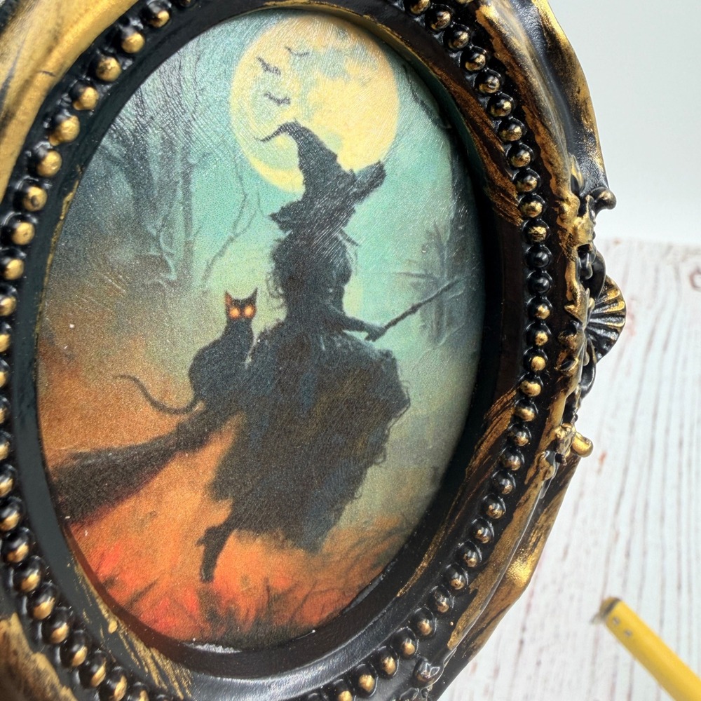 Handmade Gothic Witch Decoupage Art Ornate Gold Black Resin Frame Tabletop - Picture 6 of 6